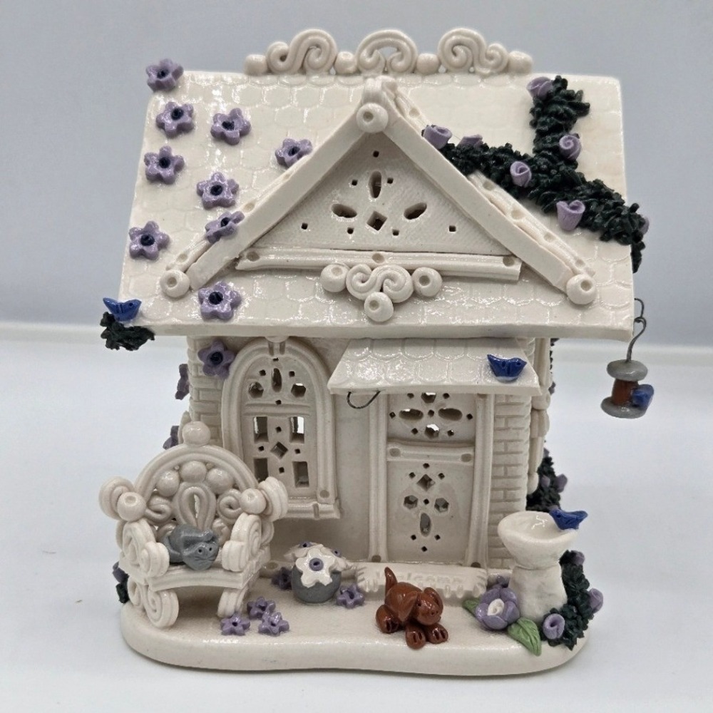 Pavane Ceramic Cottage Tea Light Holder - Bluebirds & Blossoms - PJW - As Is